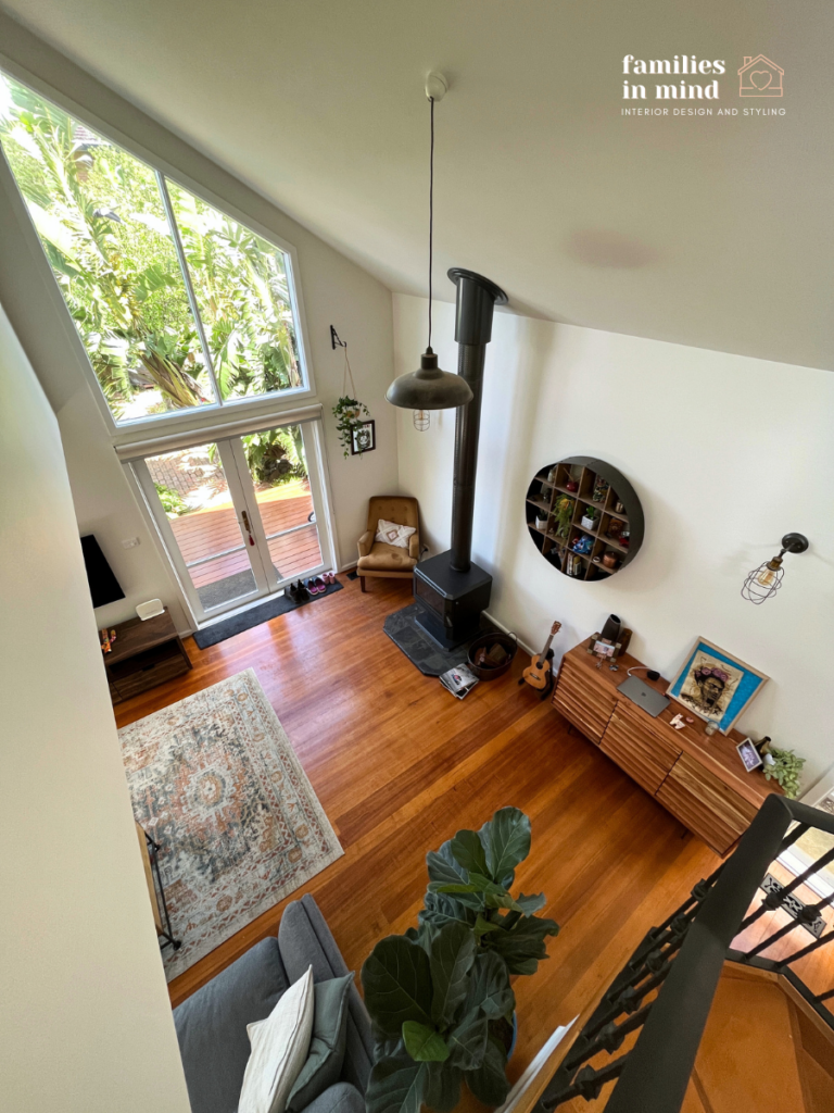 a stylish and practical family living area, optimising natural light and natural materials. Designed by Penny Miller.